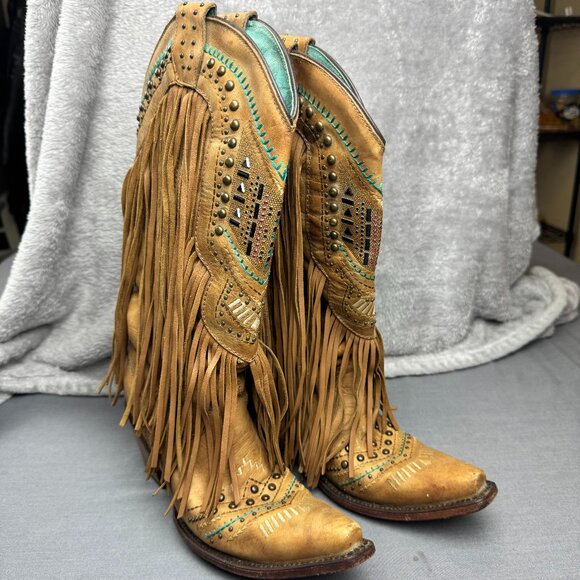 Corral Womens 6.5D Crystals Patten Embroidery and Fringe Snip Toe Brown Boot - Picture 1 of 8
